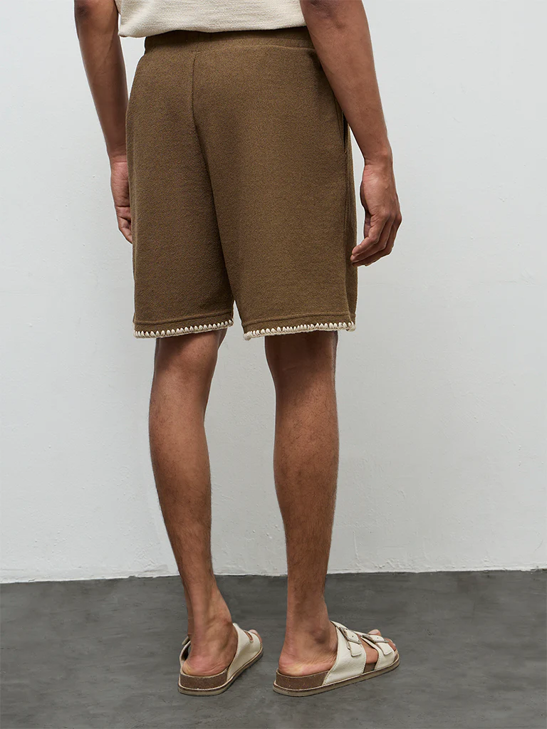 ETA Brown Embroidered Relaxed-Fit Mid-Rise Cotton-Blend Shorts - Image 4
