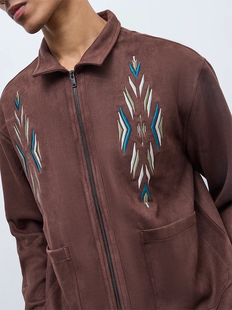 ETA Brown Embroidered Relaxed-Fit Suede Jacket - Image 3