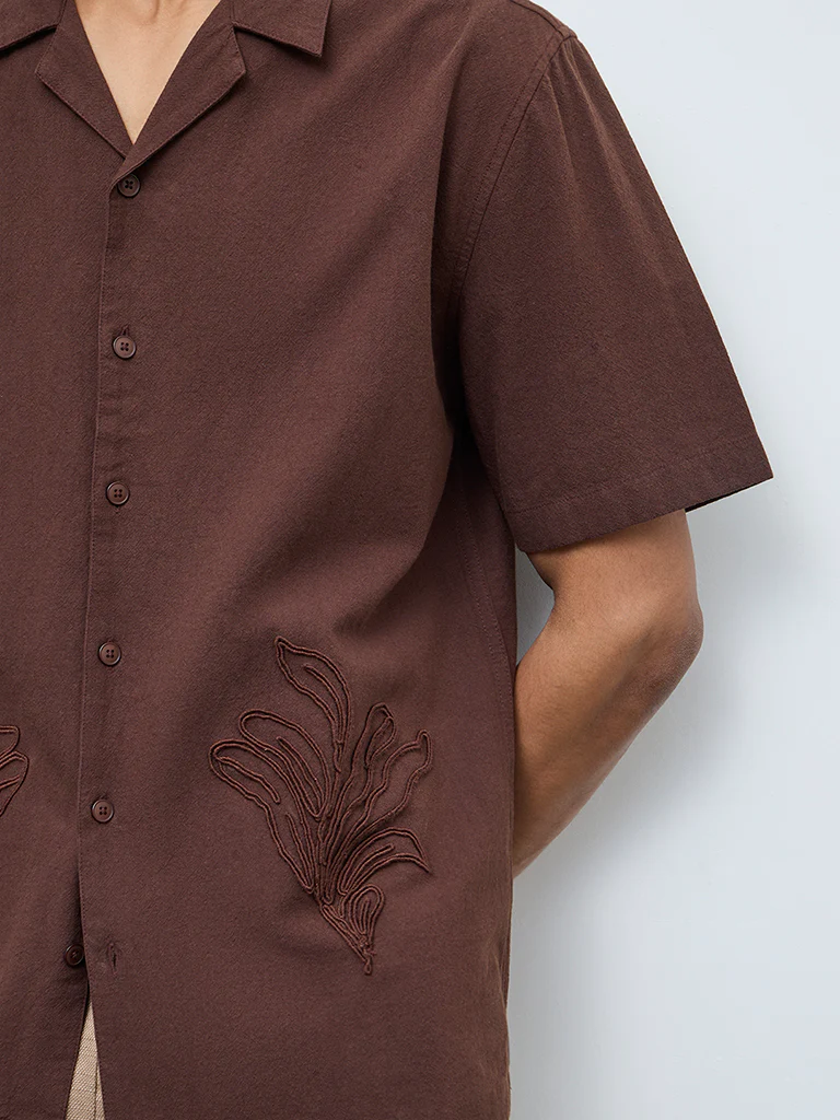 ETA Brown Floral Embroidered Relaxed-Fit Cotton Shirt - Image 3