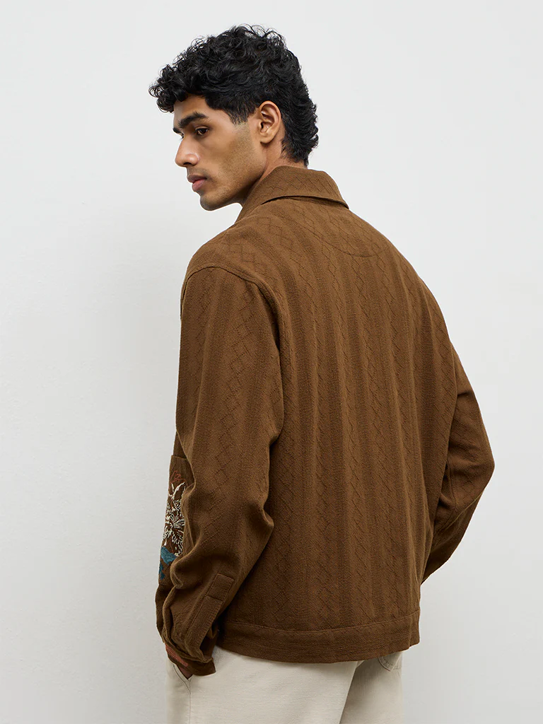 ETA Brown Floral-Embroidered Relaxed-Fit Cotton Shirt - Image 4