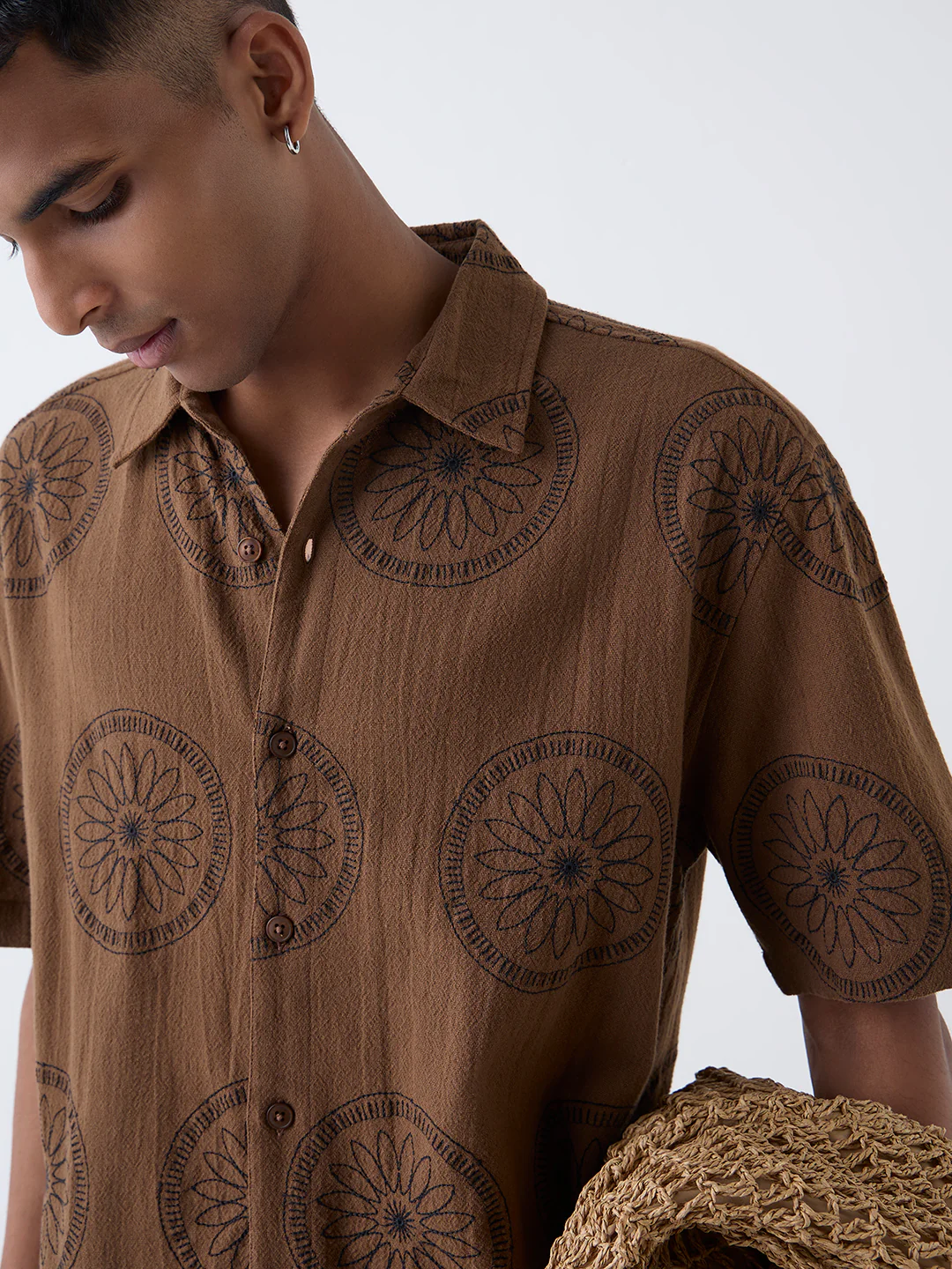 ETA Brown Floral Relaxed-Fit Cotton Shirt - Image 3