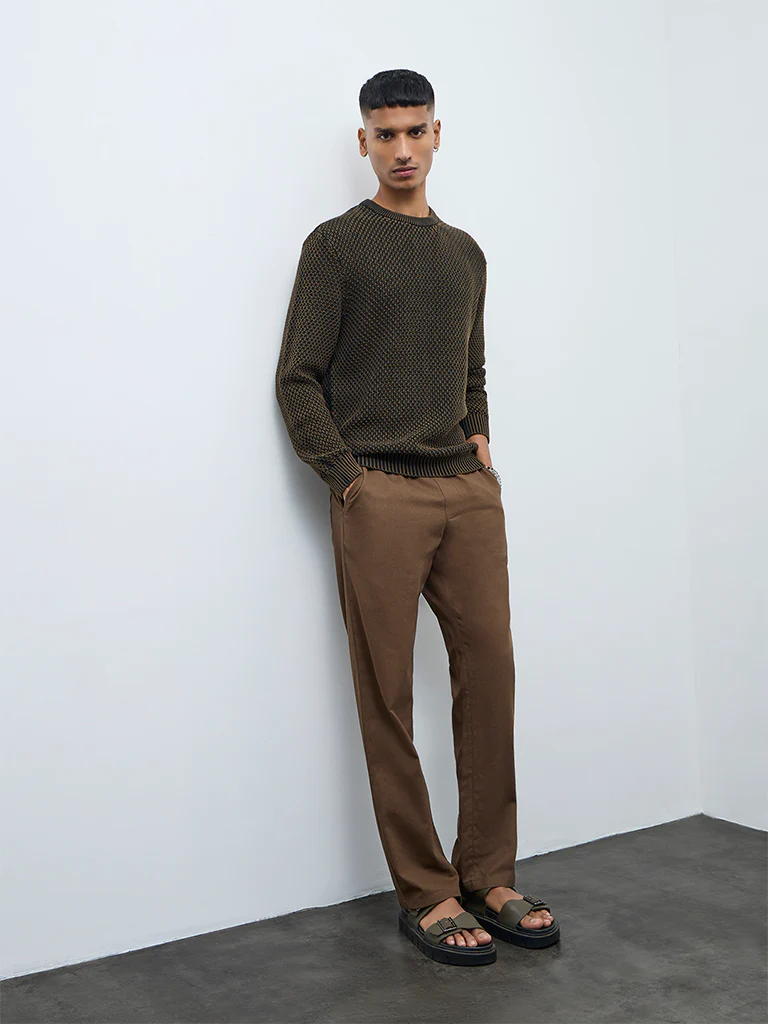 ETA Brown Knitted-Textured Relaxed-Fit Cotton Sweater - Image 2