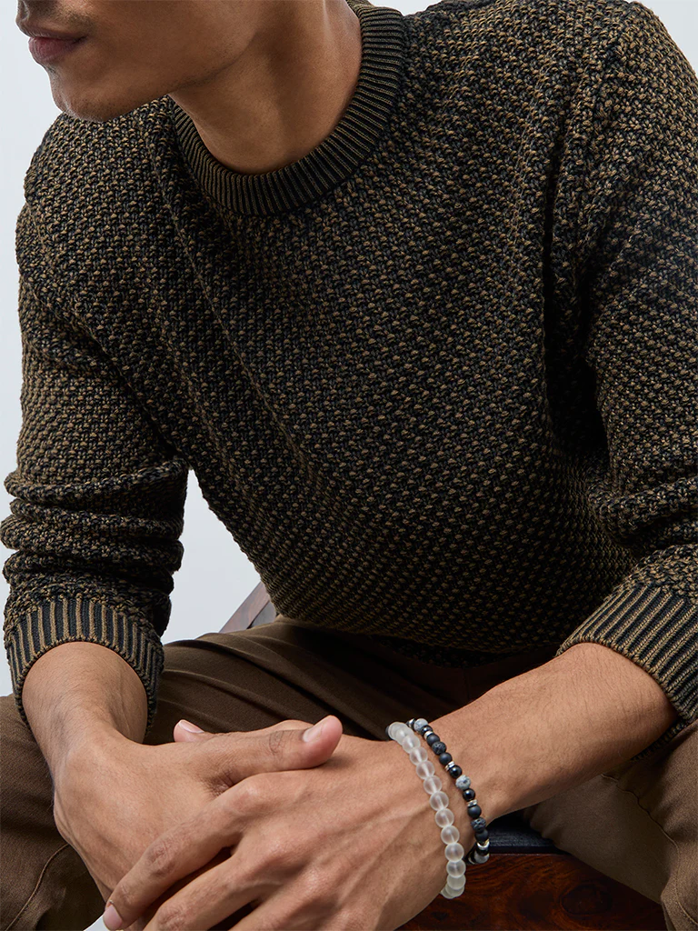 ETA Brown Knitted-Textured Relaxed-Fit Cotton Sweater - Image 3