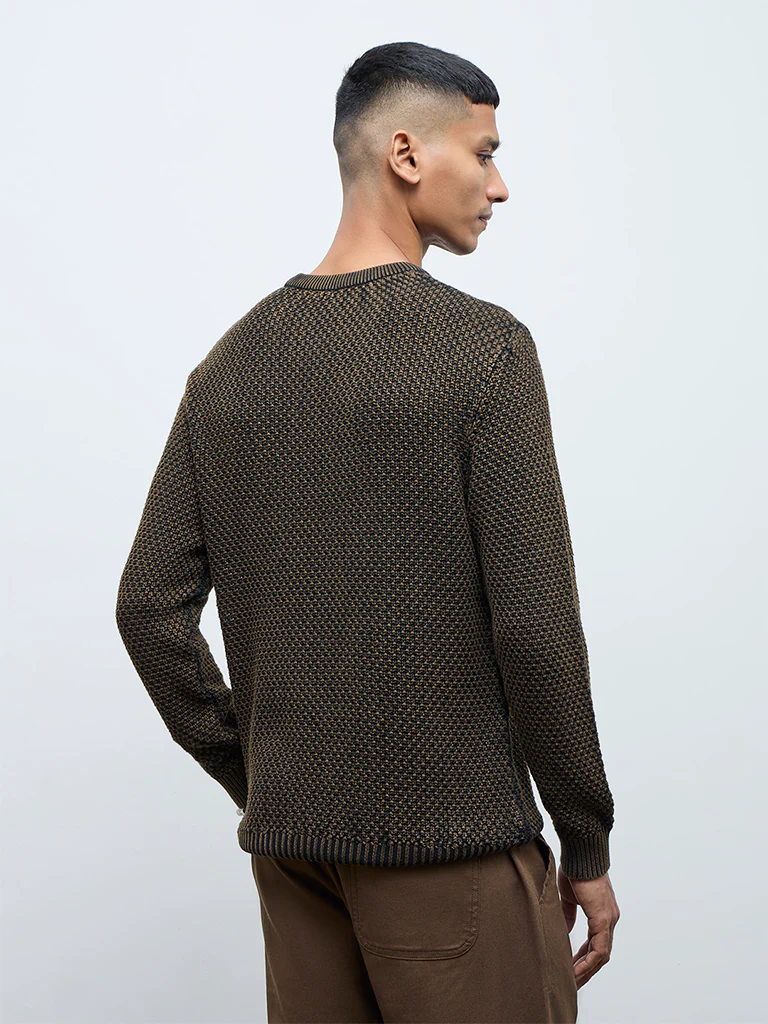 ETA Brown Knitted-Textured Relaxed-Fit Cotton Sweater - Image 4