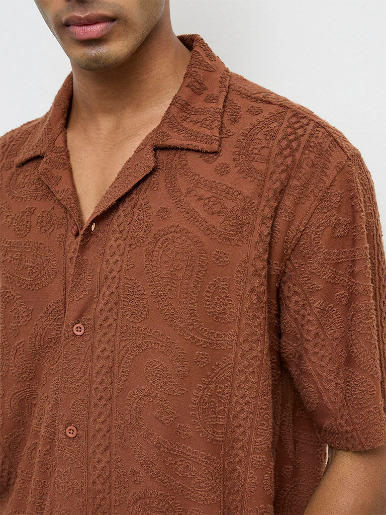 ETA Brown Paisley-Textured Relaxed-Fit Cotton-Blend Shirt - Image 3