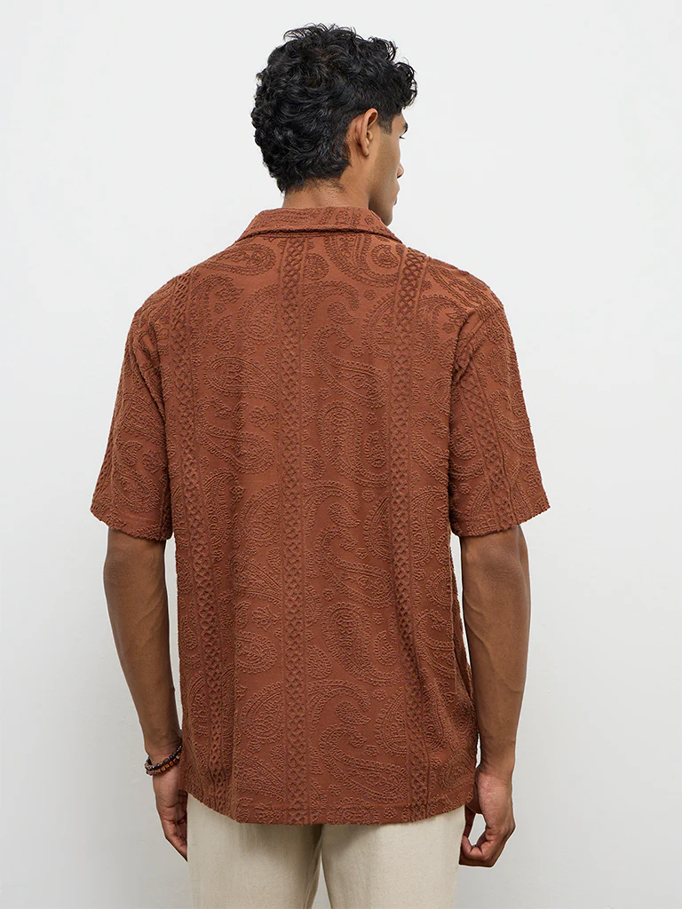 ETA Brown Paisley-Textured Relaxed-Fit Cotton-Blend Shirt - Image 4