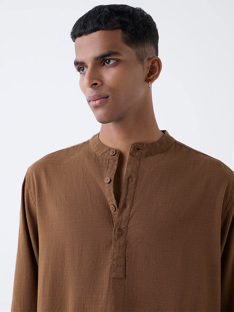 ETA Brown Self-Patterned Relaxed-Fit Cotton-Blend Shirt - Image 4