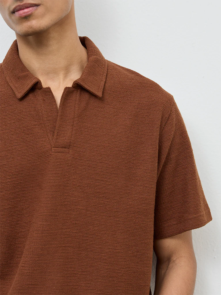 ETA Brown Self-Textured Relaxed-Fit Cotton-Blend Polo T-Shirt - Image 4