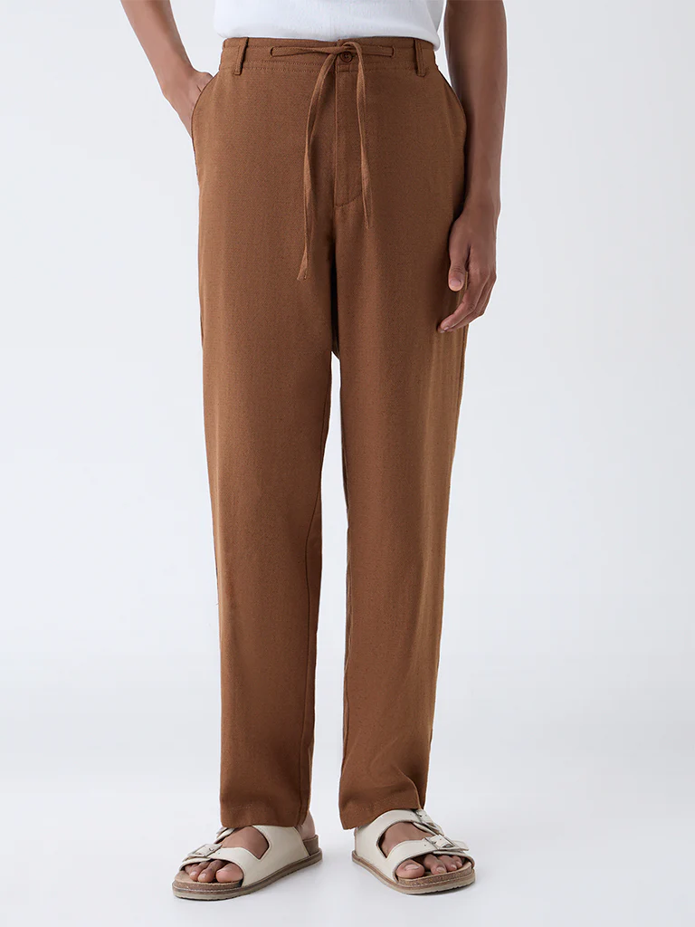 ETA Brown Solid Relaxed-Fit Mid-Rise Cotton-Blend Chinos - Image 2