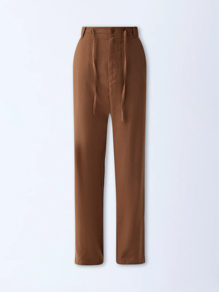 ETA Brown Solid Relaxed-Fit Mid-Rise Cotton-Blend Chinos - Image 5