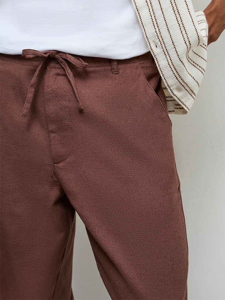 ETA Brown Solid Relaxed-Fit Mid-Rise Cotton-Blend Chinos - Image 3