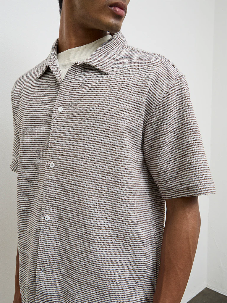 ETA Brown Stripe Embroidered Relaxed Fit Cotton-Blend Shirt - Image 3