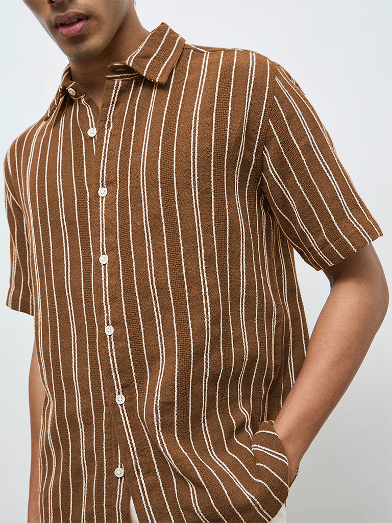 ETA Brown Striped Relaxed-Fit Cotton Shirt - Image 3