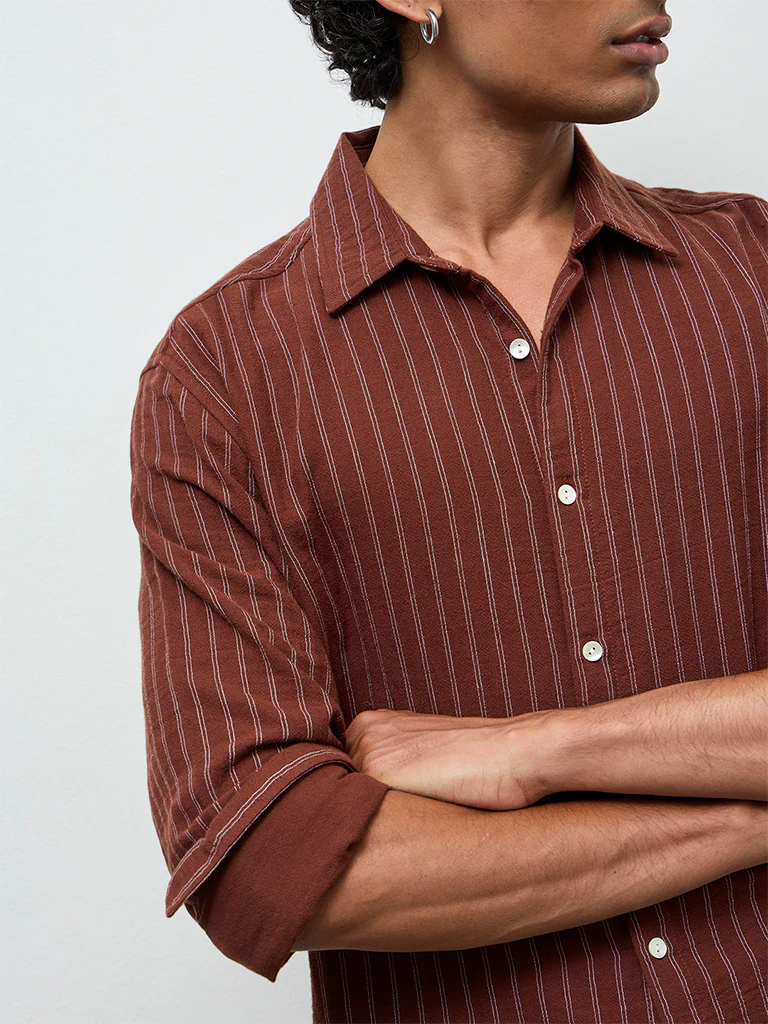 ETA Brown Striped Relaxed-Fit Cotton Shirt - Image 2