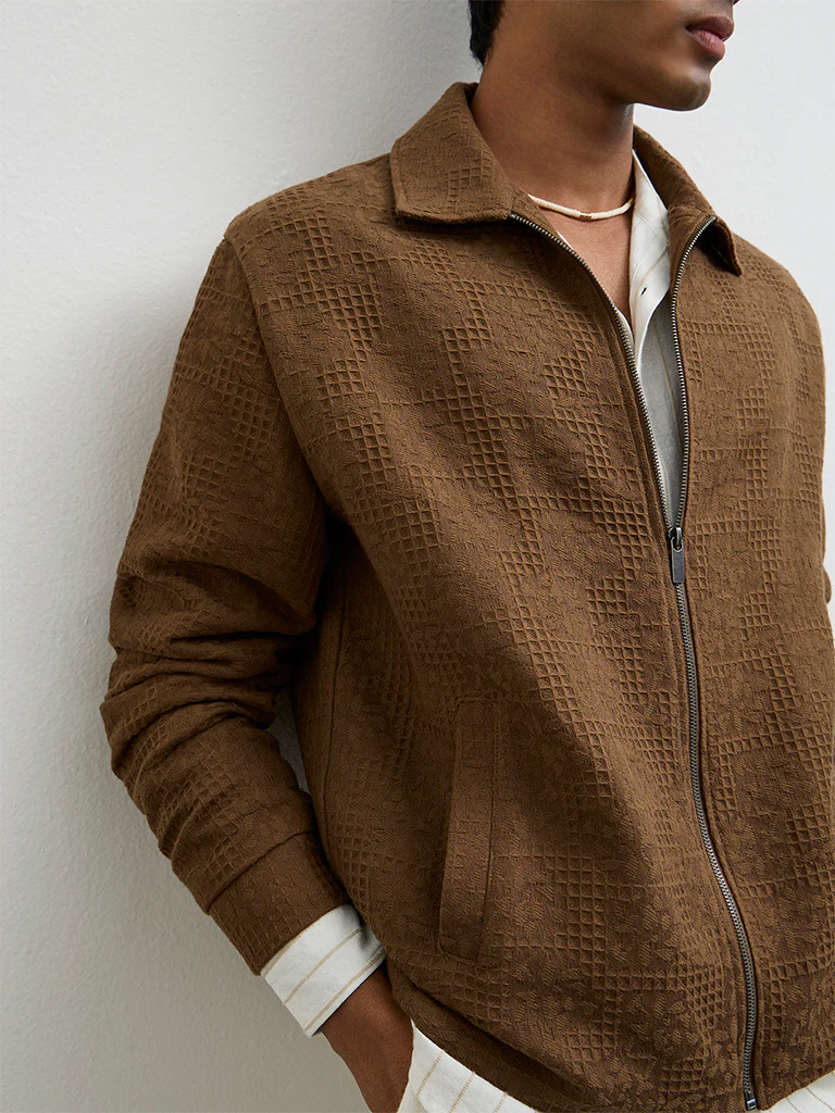 ETA Brown Textured Relaxed Fit Cotton Jacket - Image 4