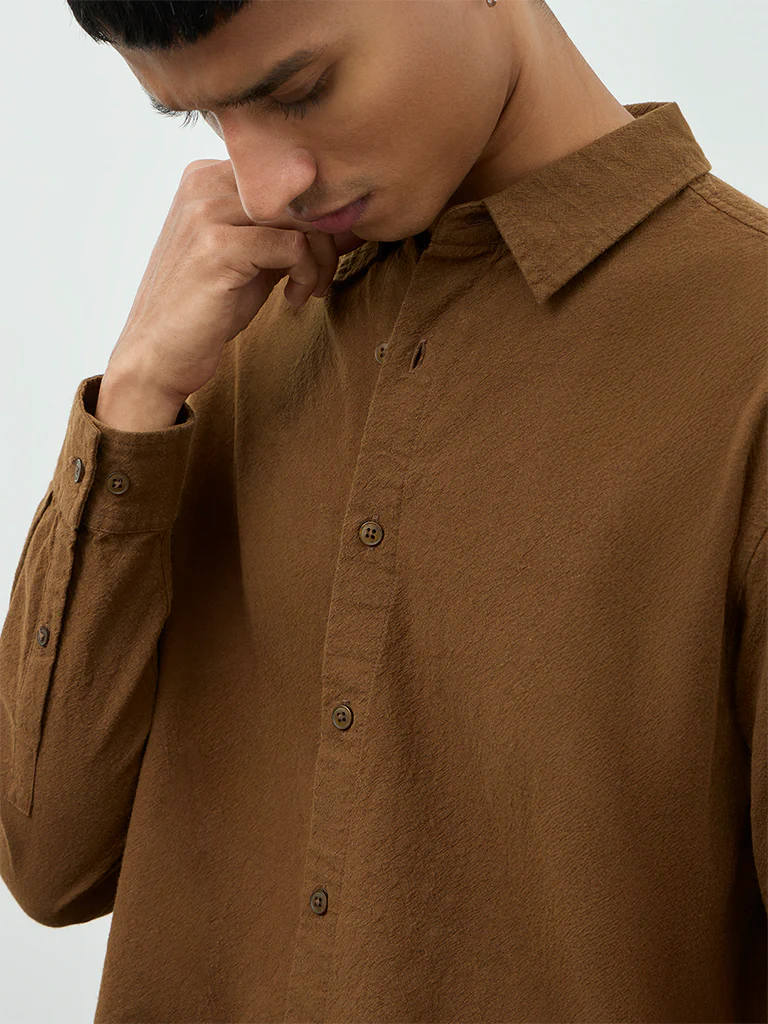 ETA Brown Textured Relaxed-Fit Cotton Shirt - Image 4