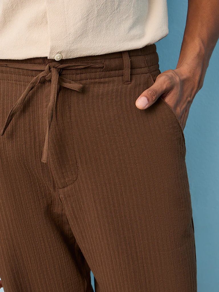 ETA Brown Textured Relaxed-Fit Mid-Rise Cotton Pants - Image 3