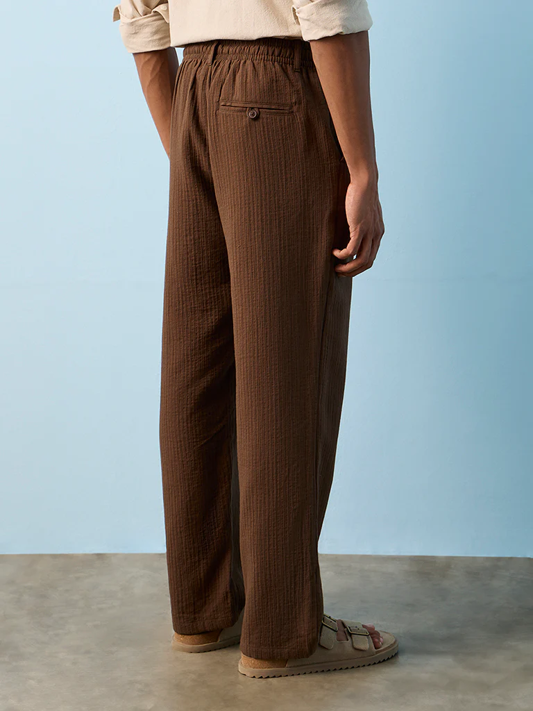 ETA Brown Textured Relaxed-Fit Mid-Rise Cotton Pants - Image 4