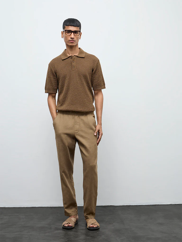 ETA Brown Textured Relaxed-Fit Polo T-Shirt - Image 3