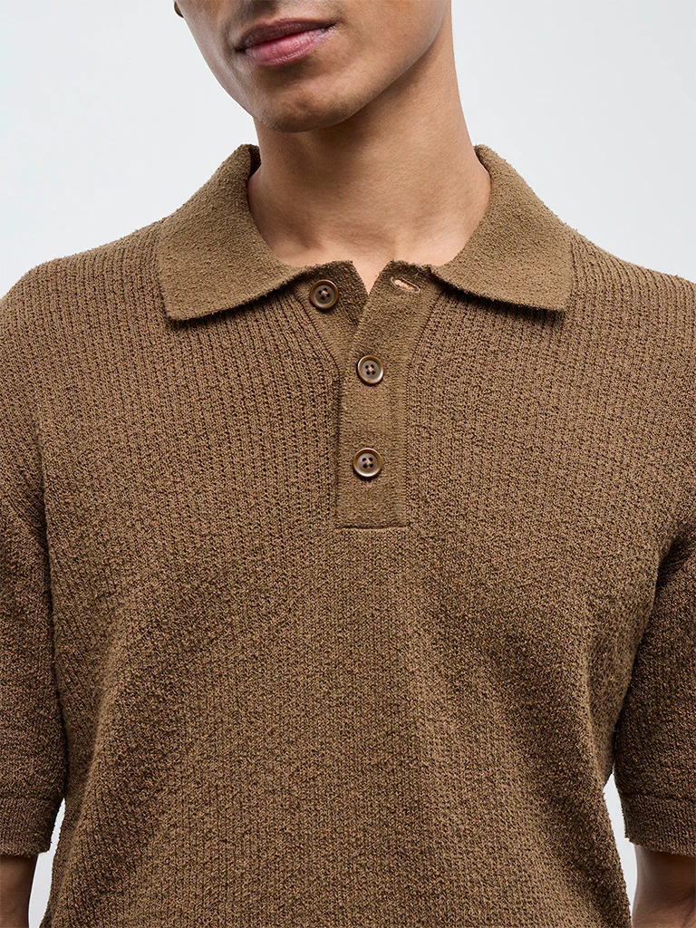 ETA Brown Textured Relaxed-Fit Polo T-Shirt - Image 4