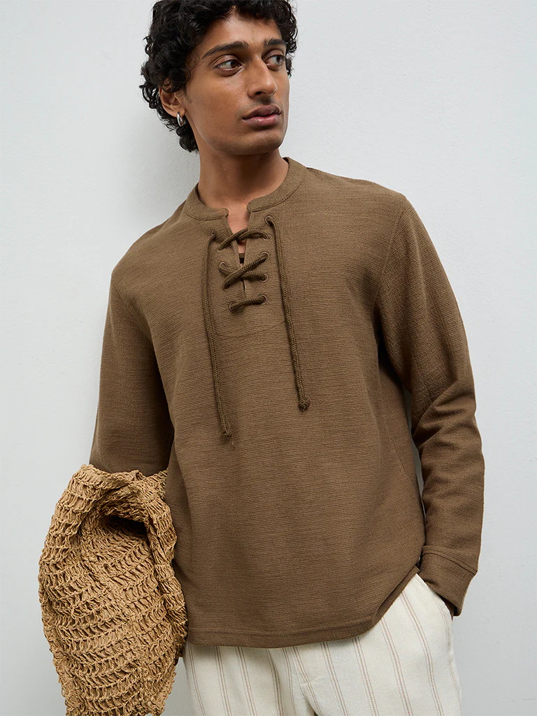 ETA Brown Waffle-Textured Relaxed-Fit Cotton-Blend T-Shirt - Image 3