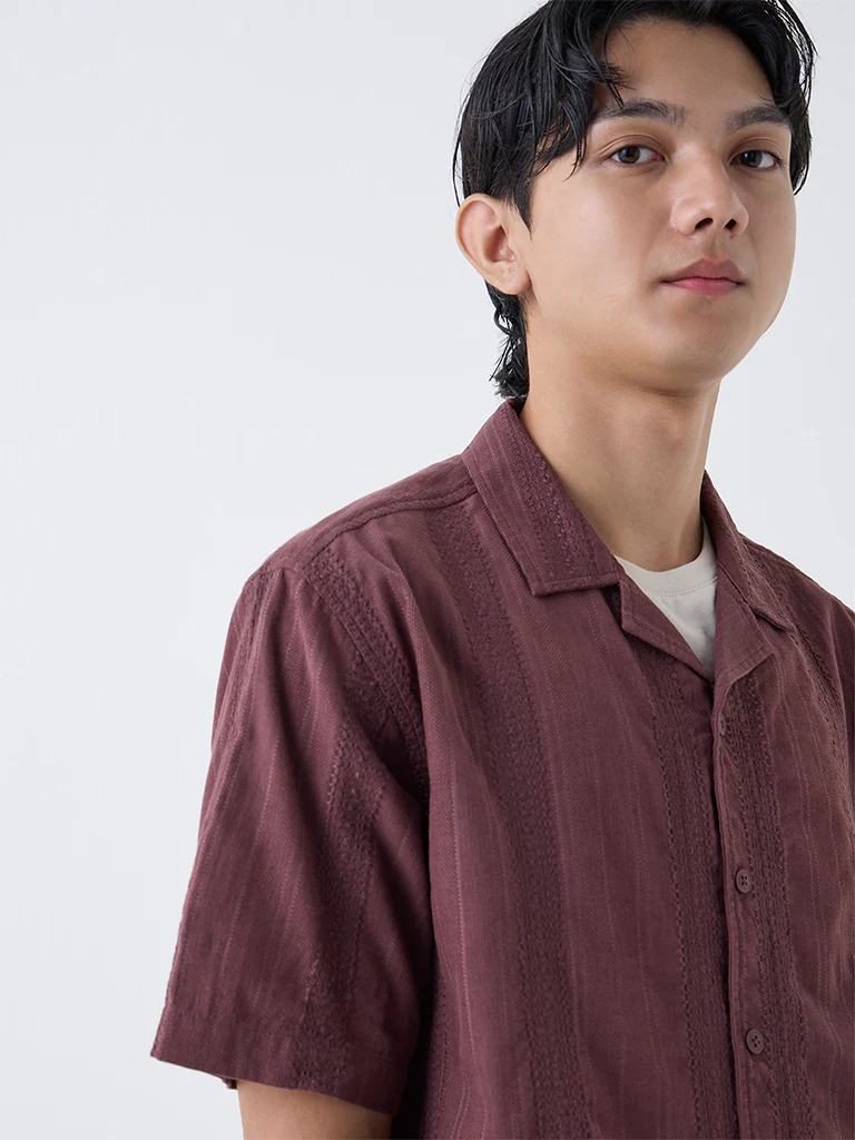 ETA Burgundy Embroidered Relaxed-Fit Cotton Shirt - Image 3