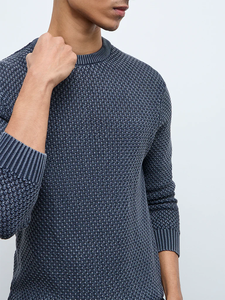 ETA Charcoal Knitted-Textured Relaxed-Fit Cotton Sweater - Image 4
