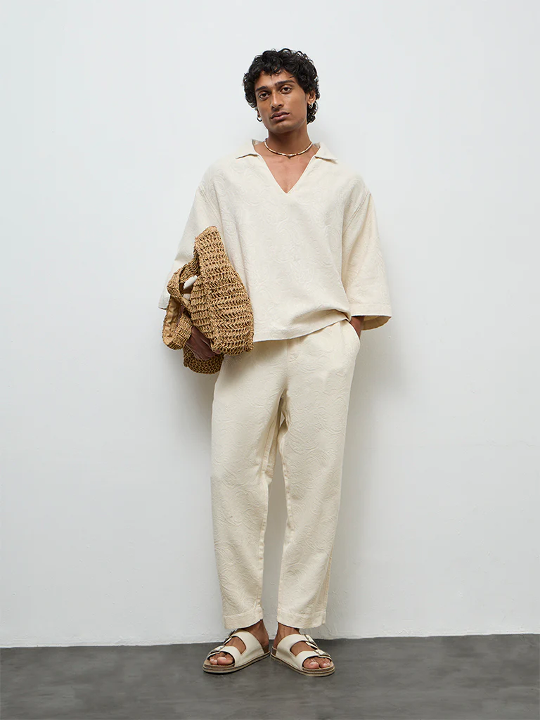 ETA Cream Paisley Design Relaxed-Fit Mid-Rise Cotton Chinos - Image 2