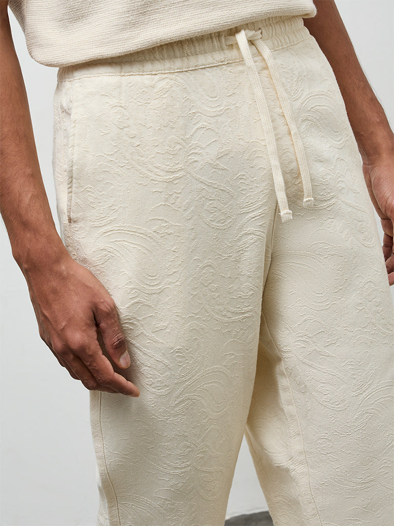 ETA Cream Paisley Design Relaxed-Fit Mid-Rise Cotton Chinos - Image 3