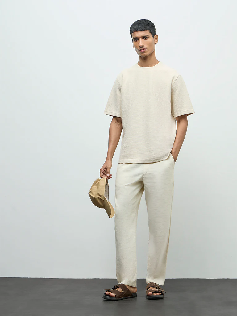 ETA Cream Textured Relaxed-Fit Cotton-Blend T-Shirt - Image 3