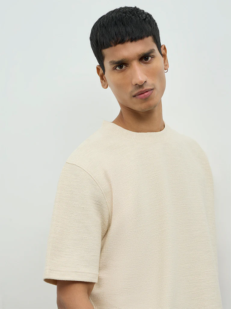 ETA Cream Textured Relaxed-Fit Cotton-Blend T-Shirt - Image 4