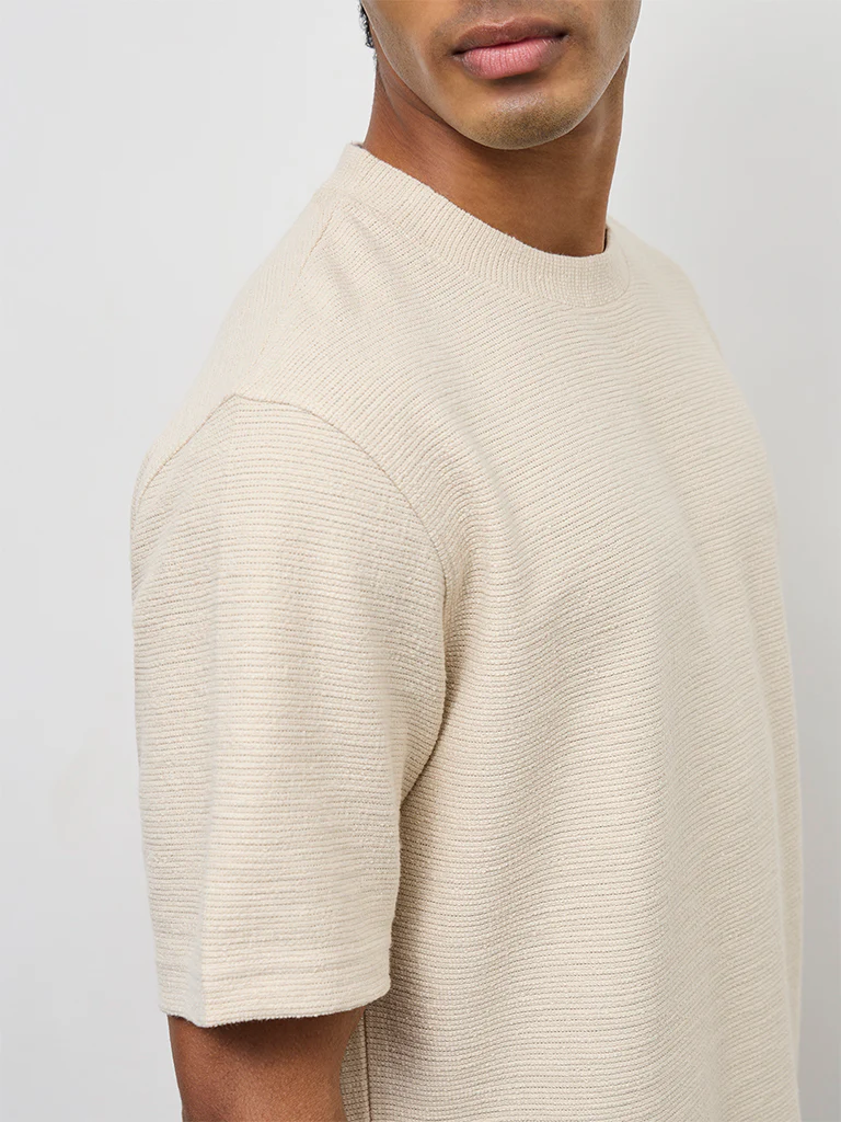 ETA Cream Textured Relaxed-Fit Cotton-Blend T-Shirt - Image 4