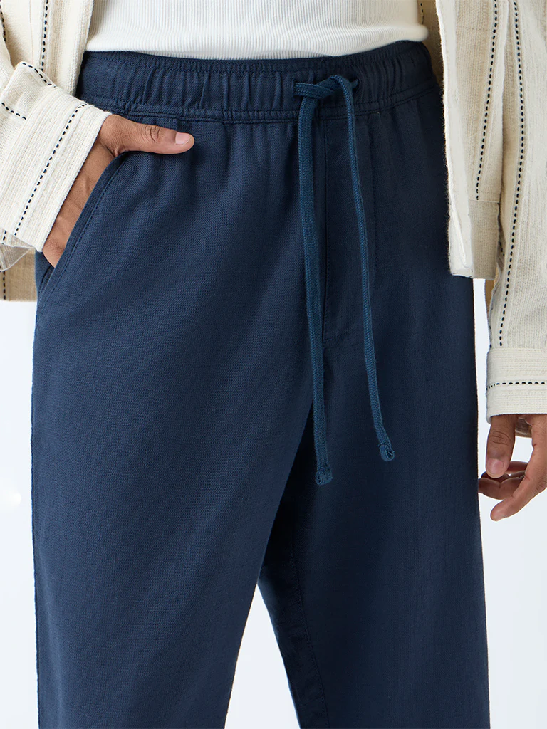 ETA Dark Blue Solid Relaxed-Fit Mid-Rise Cotton Pants - Image 3