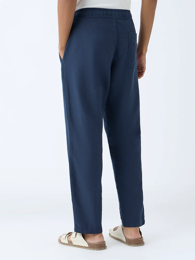 ETA Dark Blue Solid Relaxed-Fit Mid-Rise Cotton Pants - Image 4