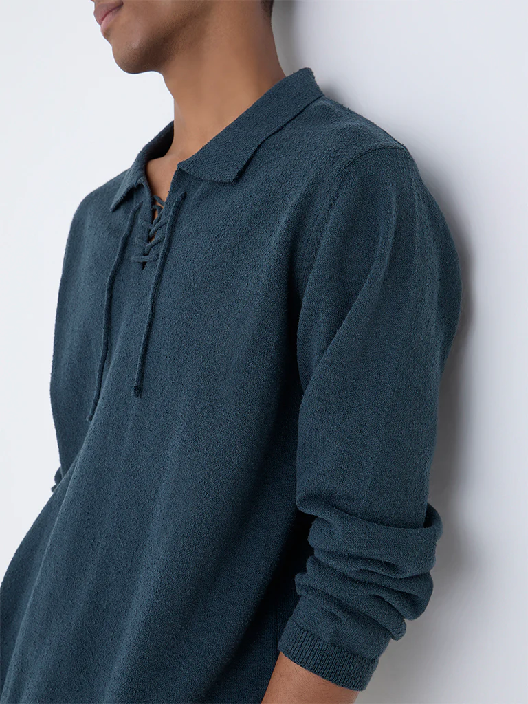 ETA Dark Blue Textured Relaxed-Fit Cotton-Blend Sweater - Image 4