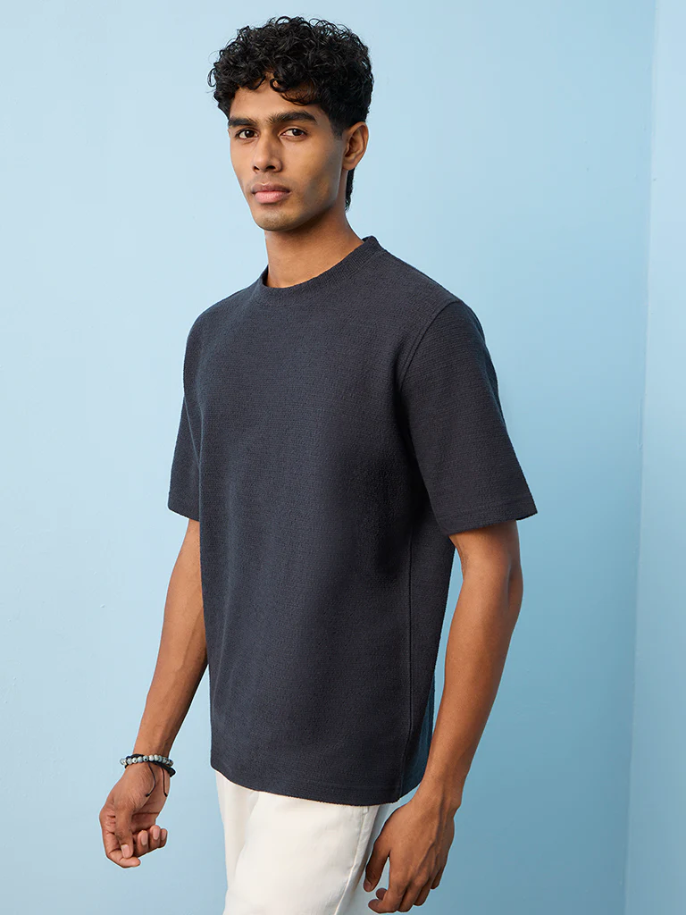 ETA Dark Blue Textured Relaxed-Fit Cotton-Blend T-Shirt - Image 2