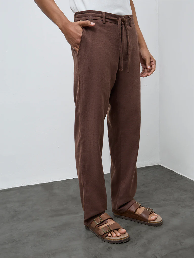 ETA Dark Brown Solid Relaxed-Fit Mid-Rise Cotton-Blend Chinos - Image 3