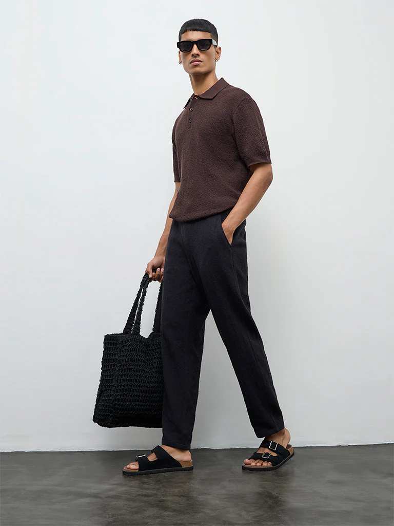 ETA Dark Brown Textured Relaxed-Fit Polo T-Shirt - Image 3