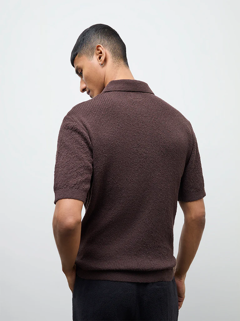 ETA Dark Brown Textured Relaxed-Fit Polo T-Shirt - Image 5