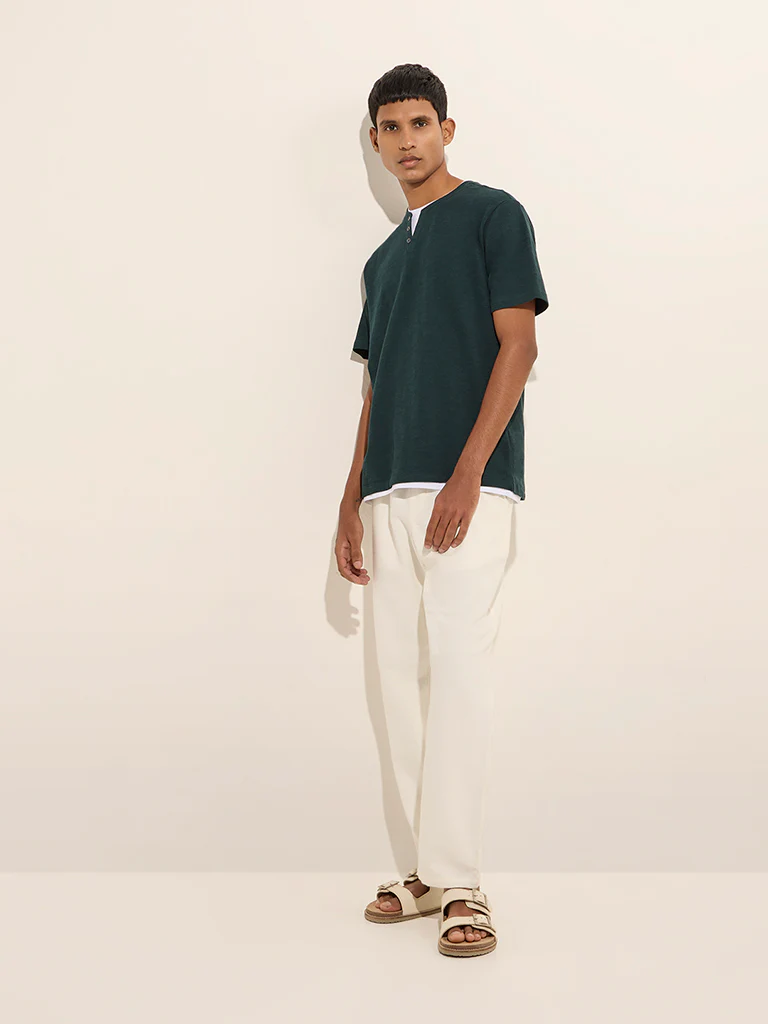 ETA Dark Green Solid Slim-Fit Cotton T-Shirt - Image 4