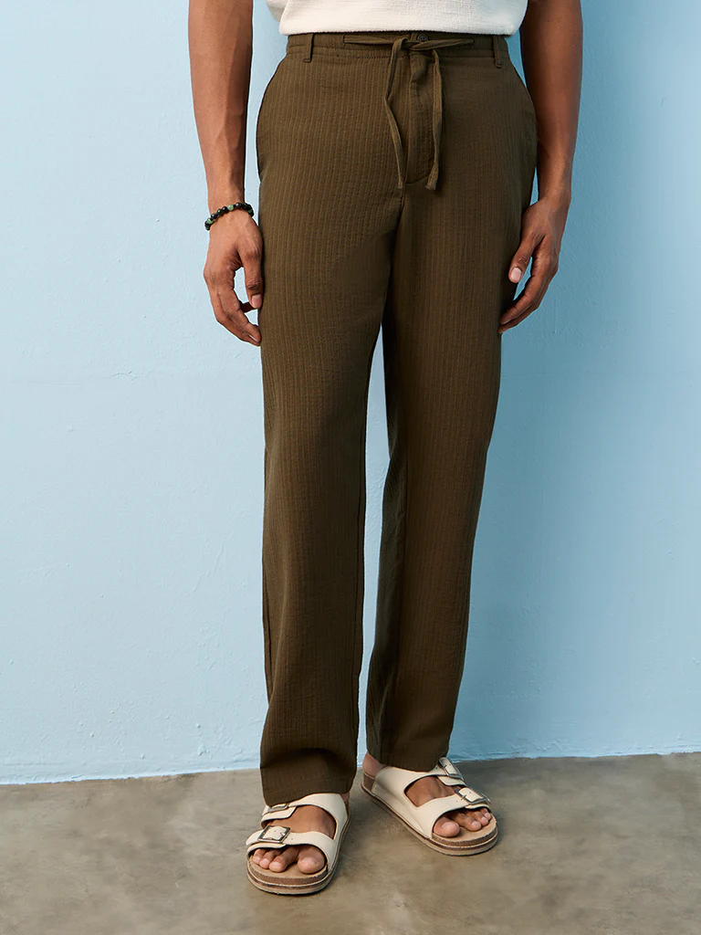 ETA Dark Olive Textured Relaxed-Fit Mid-Rise Cotton Pants - Image 2