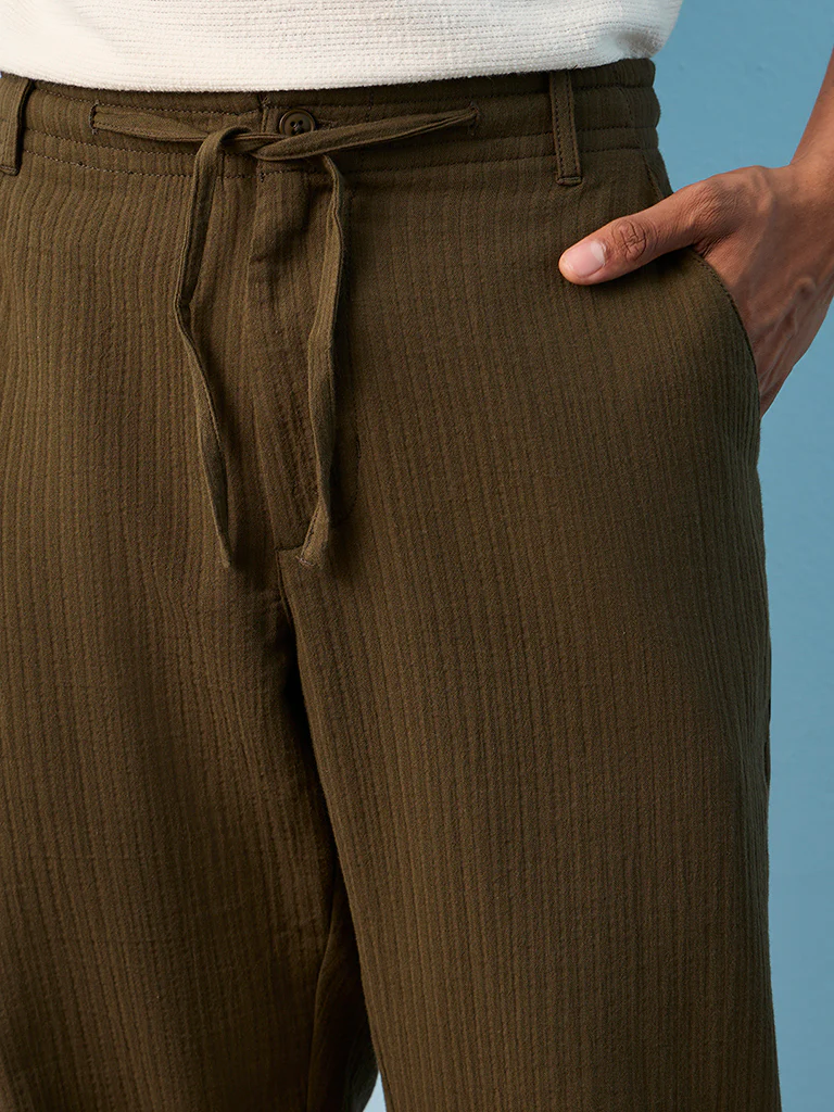 ETA Dark Olive Textured Relaxed-Fit Mid-Rise Cotton Pants - Image 3