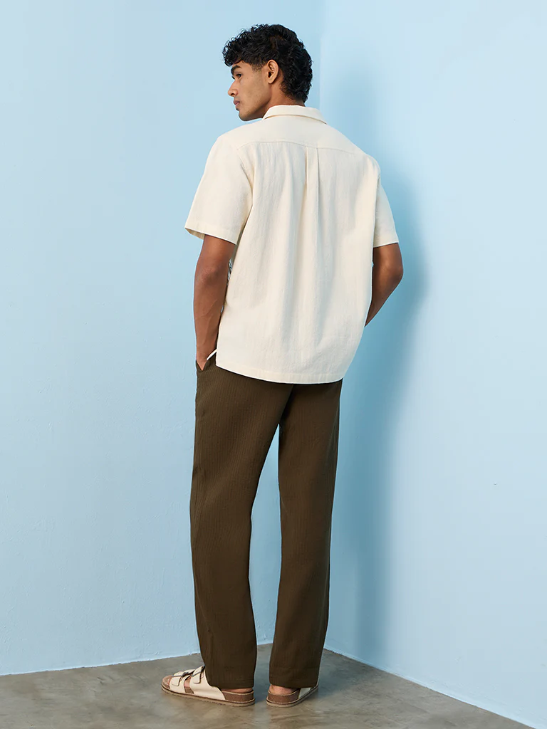 ETA Dark Olive Textured Relaxed-Fit Mid-Rise Cotton Pants - Image 4