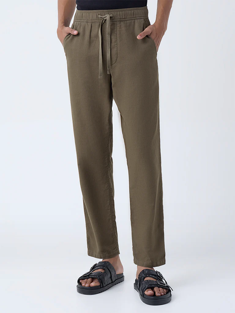 ETA Dark Taupe Solid Relaxed-Fit Mid-Rise Cotton Pants - Image 2