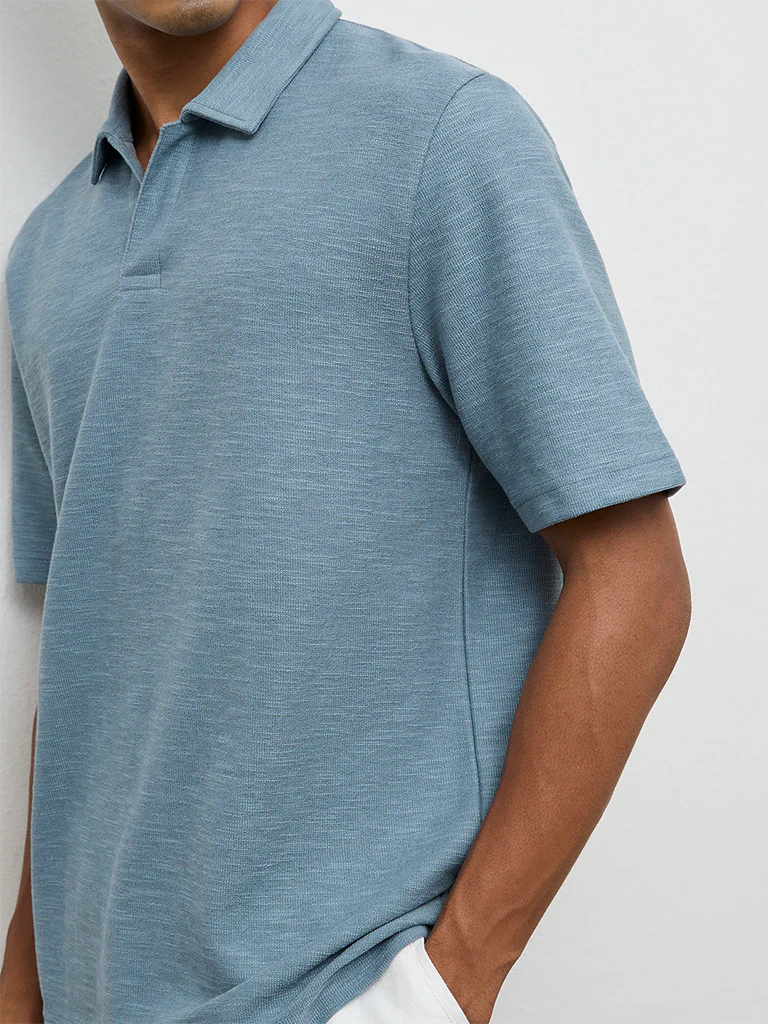 ETA Dusty Blue Relaxed-Fit Polo Cotton-Blend T-Shirt - Image 3