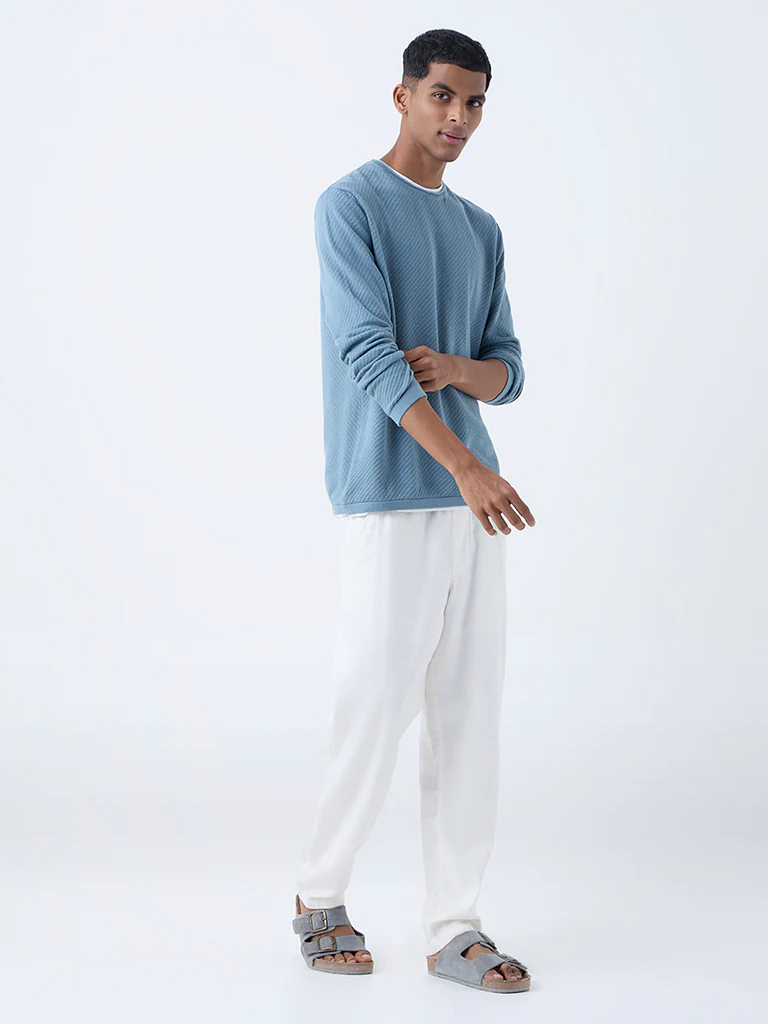 ETA Dusty Blue Textured Relaxed-Fit Cotton Sweater - Image 3