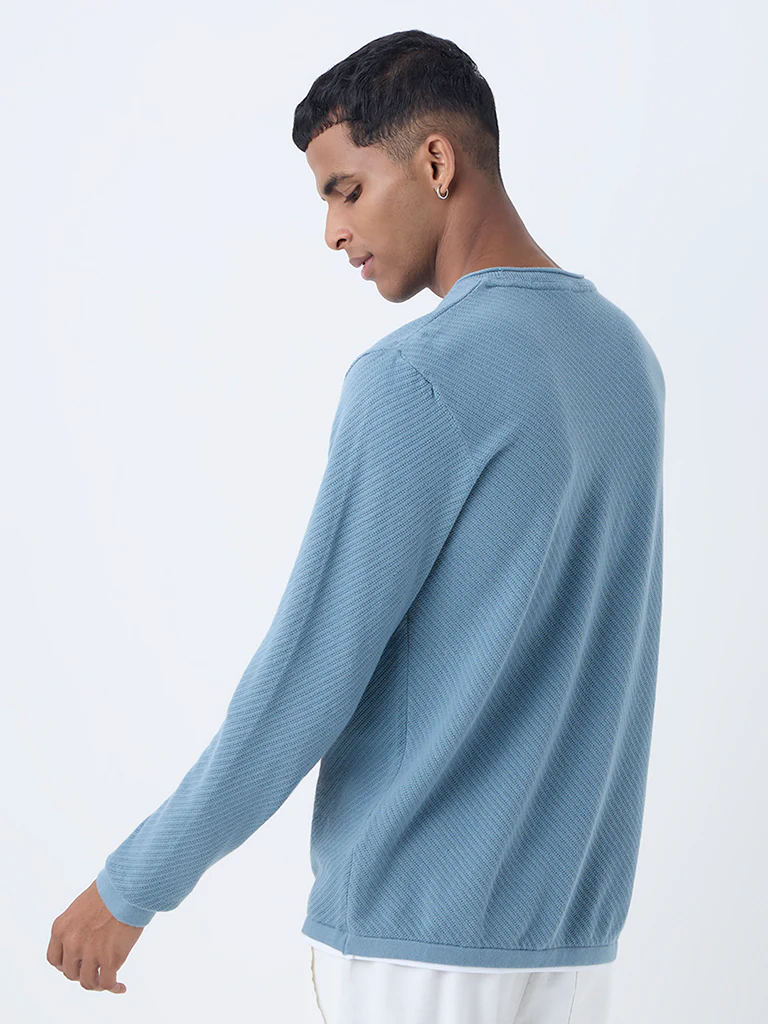 ETA Dusty Blue Textured Relaxed-Fit Cotton Sweater - Image 5
