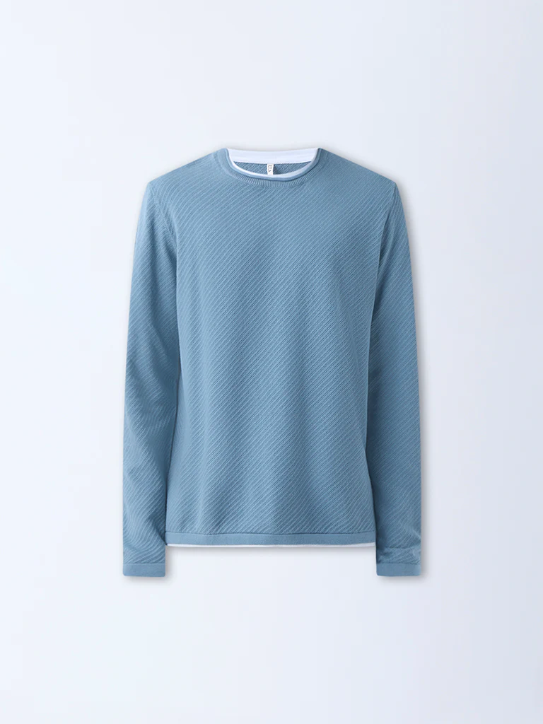 ETA Dusty Blue Textured Relaxed-Fit Cotton Sweater - Image 6