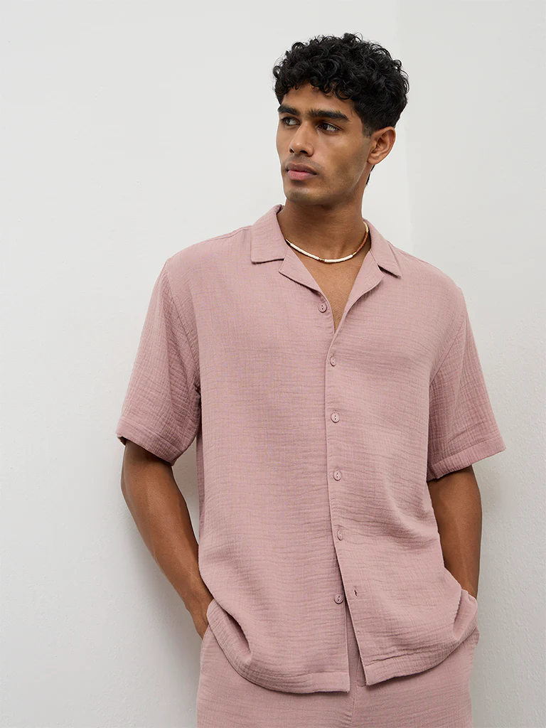 ETA Dusty Pink Crinkle-Textured Relaxed-Fit Cotton Shirt - Image 2