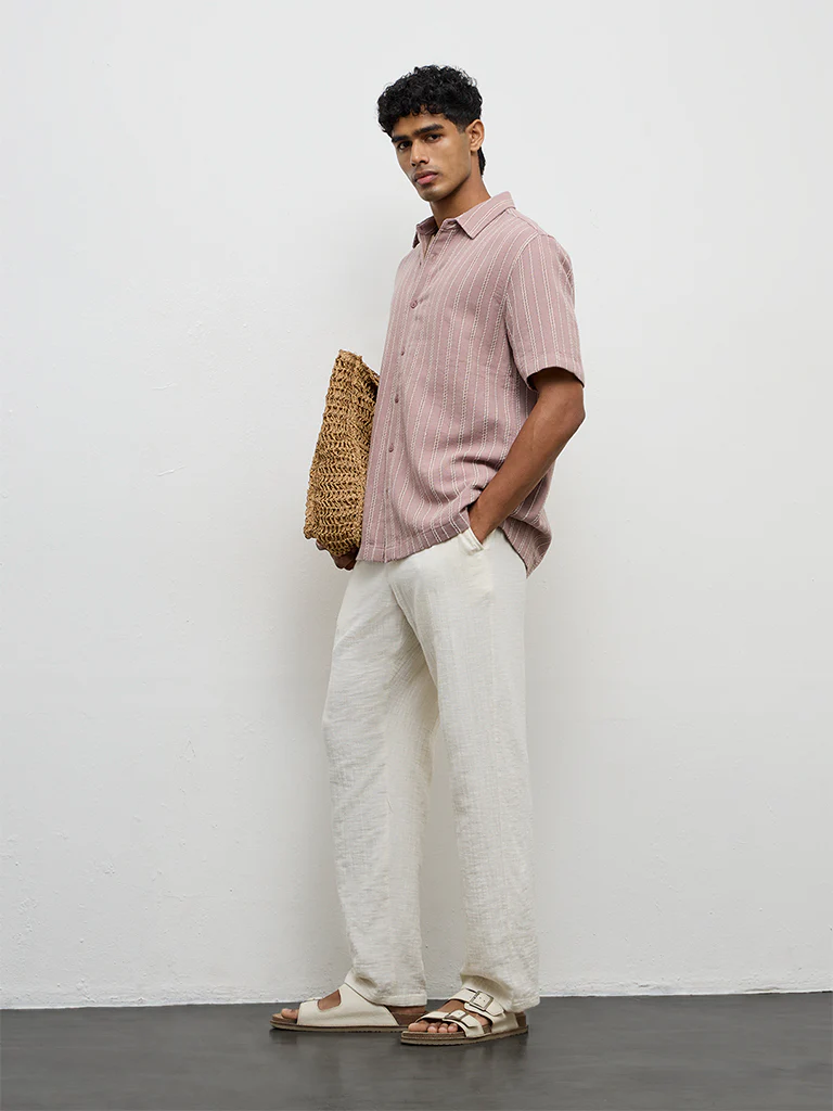 ETA Dusty Pink Stripe Embroidered Relaxed-Fit Cotton Shirt - Image 3